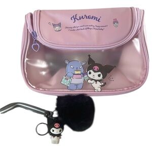 BNWT’s Sanrio Kuromi Pink Clear Cosmetic Bag with Black Pom Pom Keychain